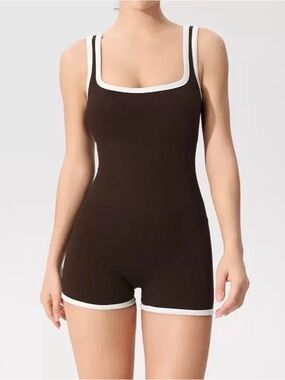 ALO Yoga Brown Ribbed Contrast-Trim Romper